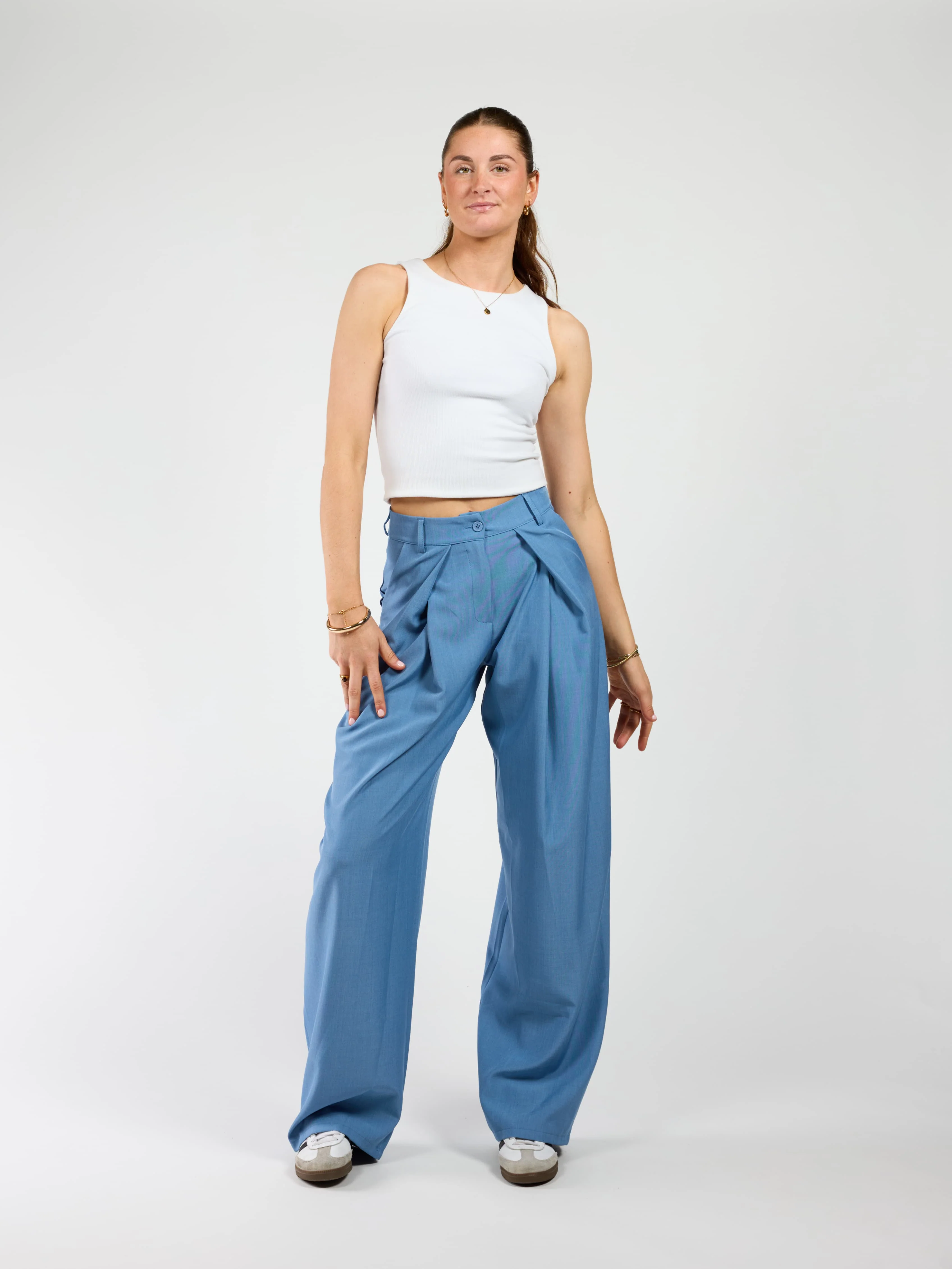 Ella | Wide leg pantalon met plooien | Denim blauw | Tall - Image 2