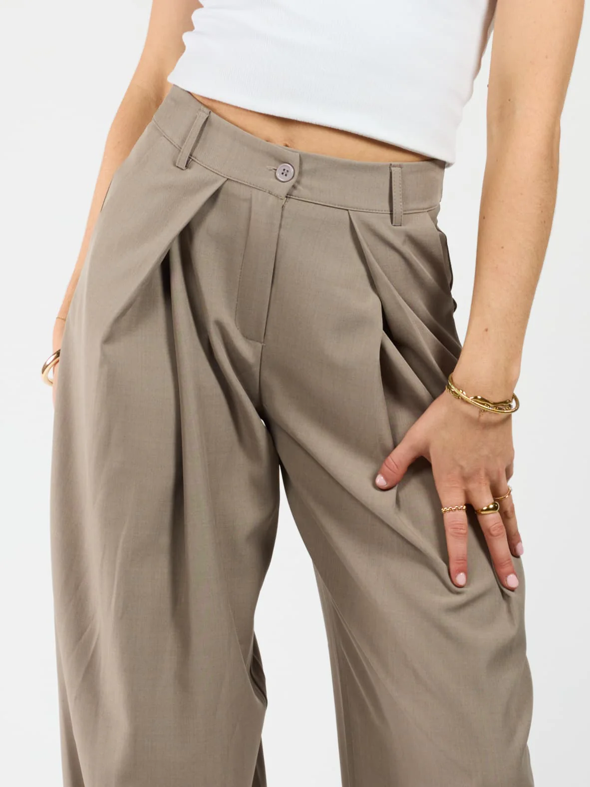 Ella | Wide leg pantalon met plooien | Taupe | Tall - Image 5
