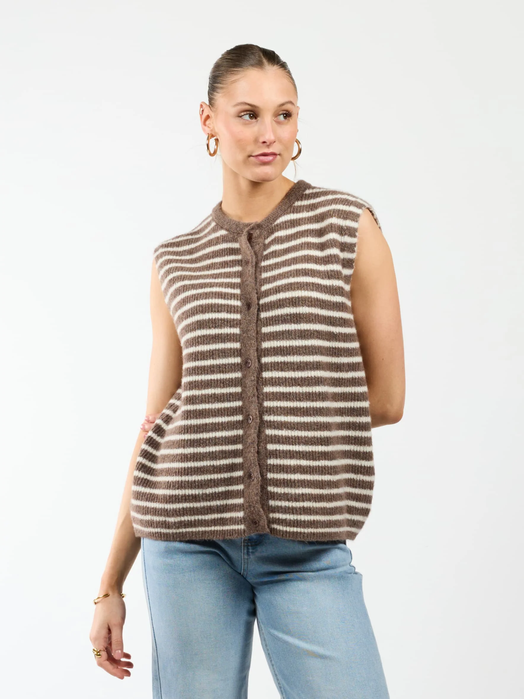 Lola Knitted Spencer met Knoopjes | Bruin wit gestreept | Tall