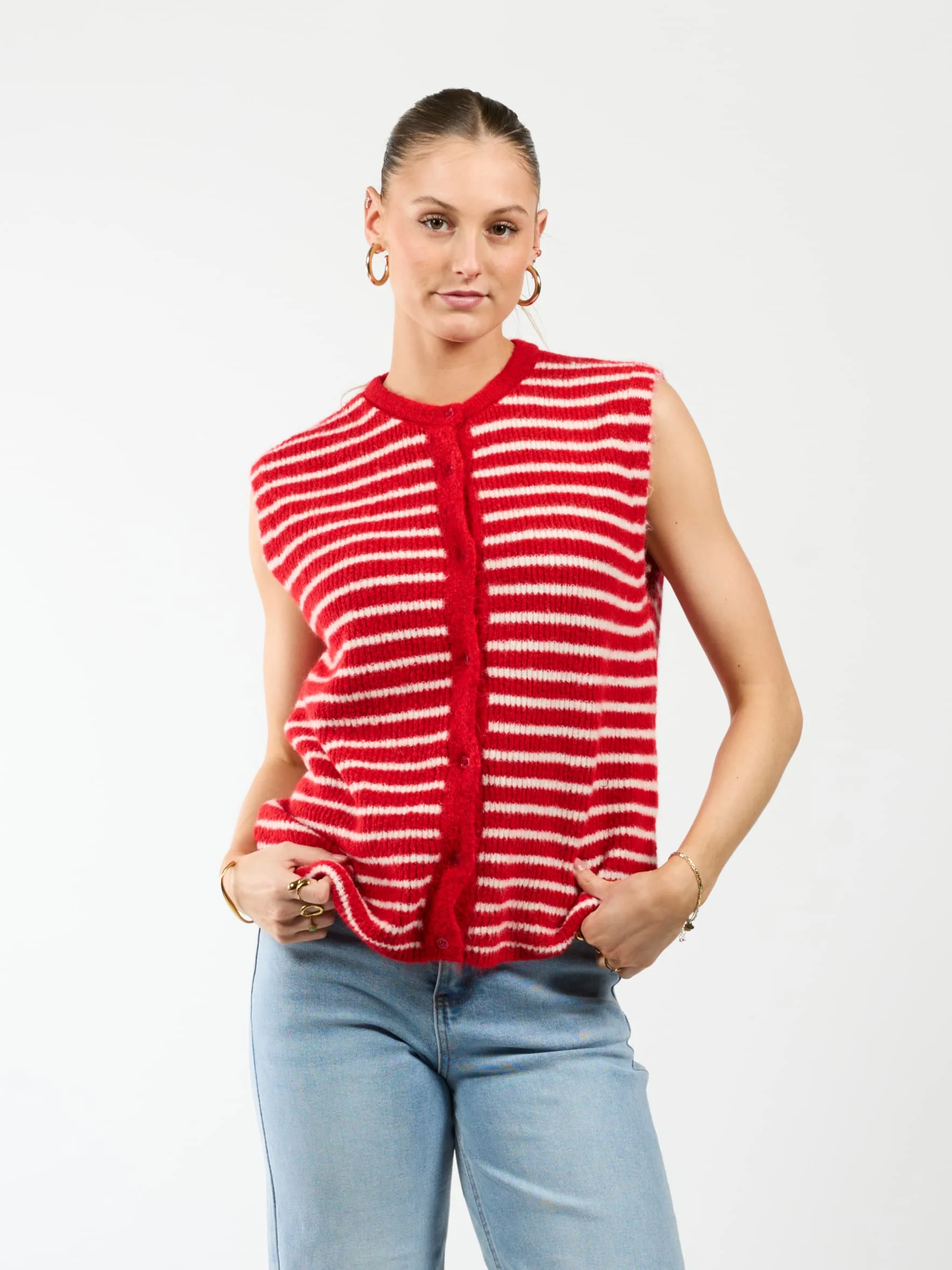 Lola Knitted Spencer met Knoopjes | Rood wit gestreept | Tall