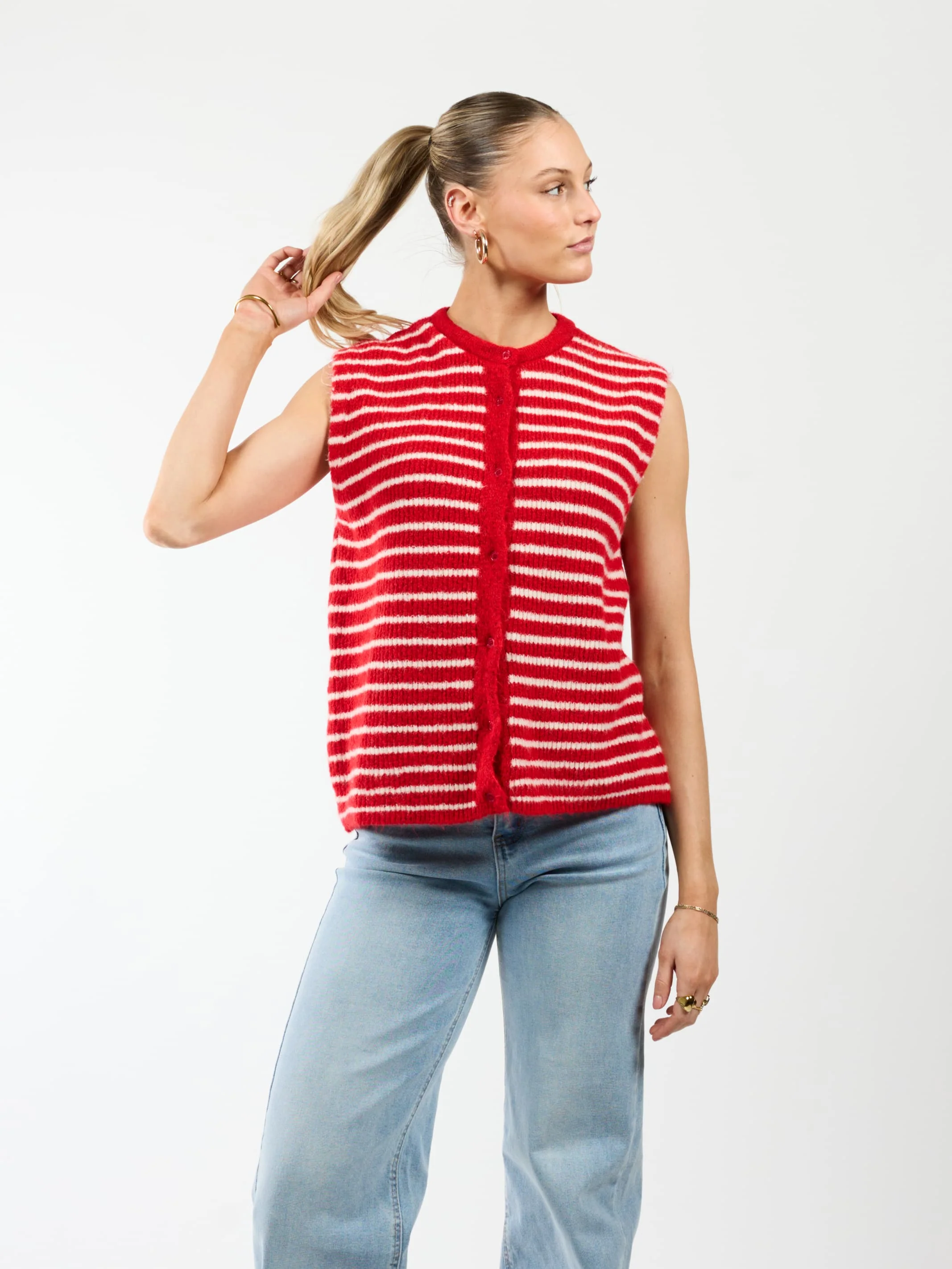 Lola Knitted Spencer met Knoopjes | Rood wit gestreept | Tall - Image 5