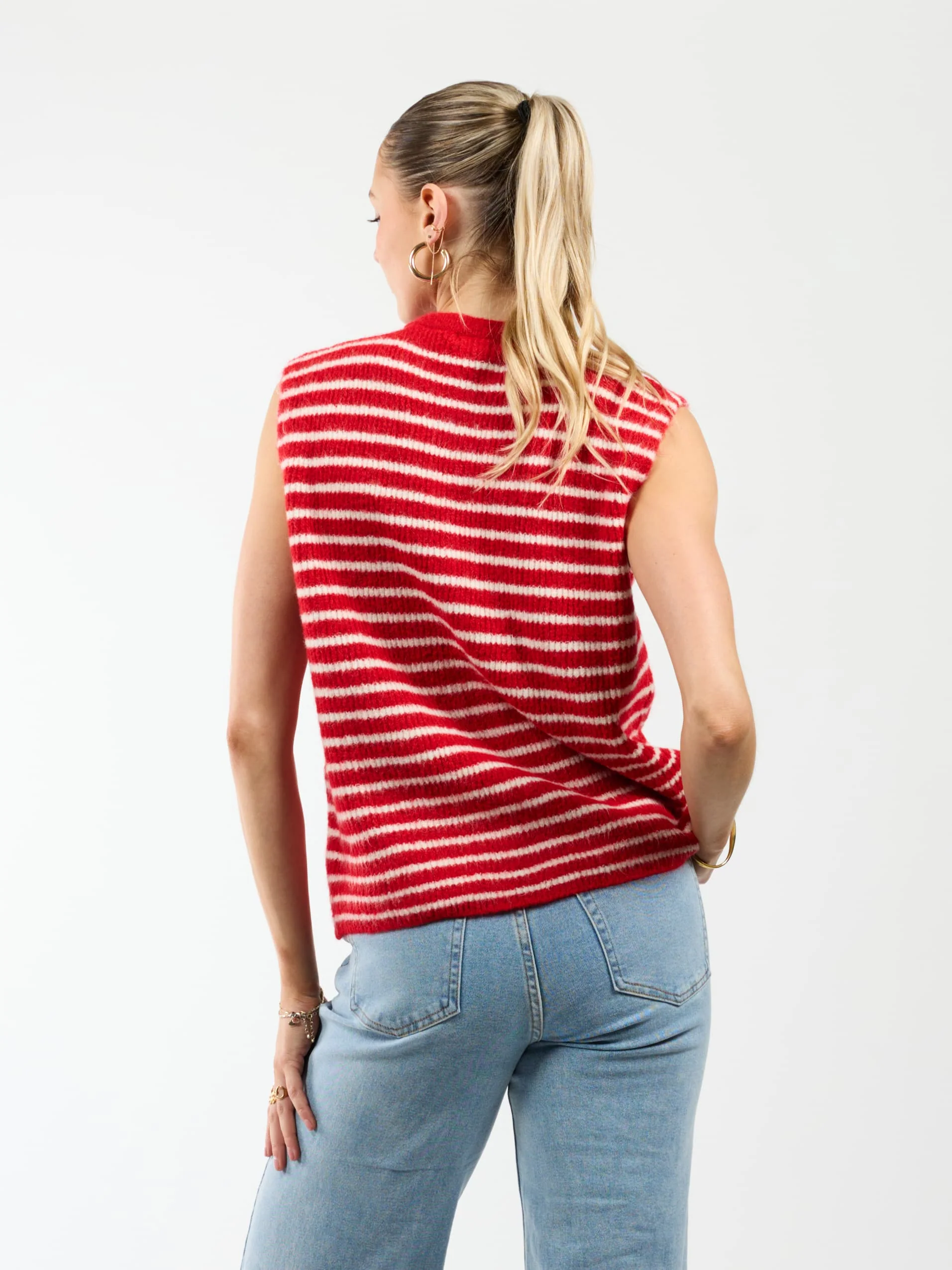 Lola Knitted Spencer met Knoopjes | Rood wit gestreept | Tall - Image 7