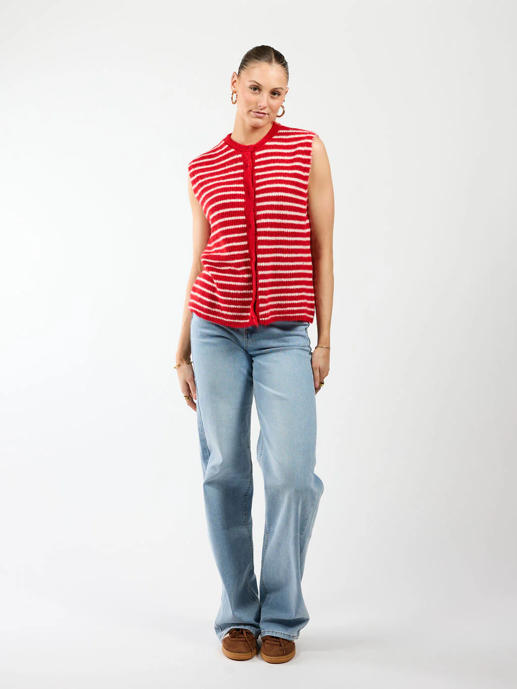 Lola Knitted Spencer met Knoopjes | Rood wit gestreept | Tall - Image 8