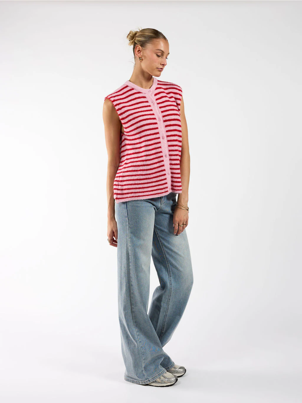 Lola Knitted Spencer met Knoopjes | Roze rood gestreept | Tall - Image 5
