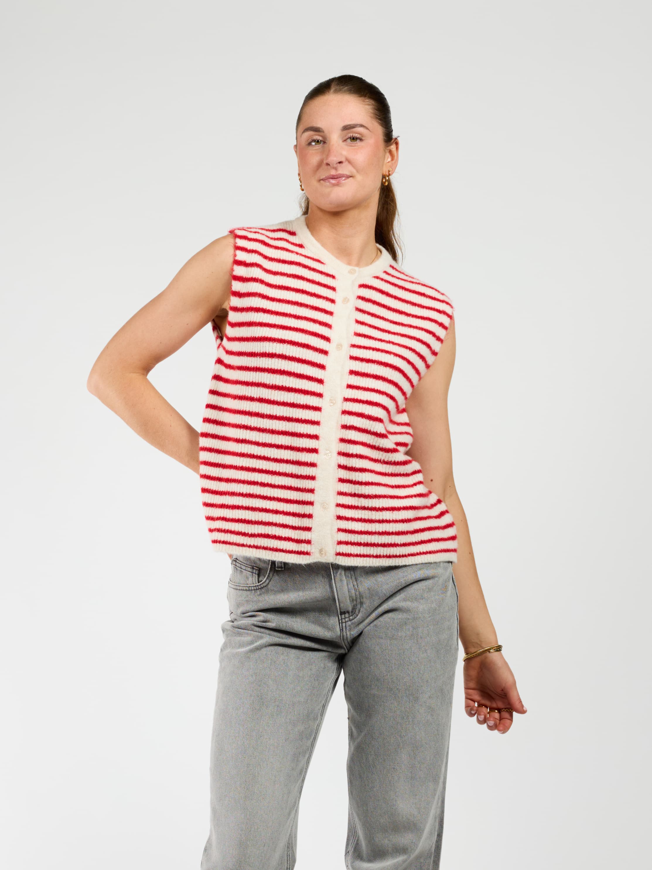 Lola Knitted Spencer met Knoopjes | Wit rood gestreept | Tall - Image 3
