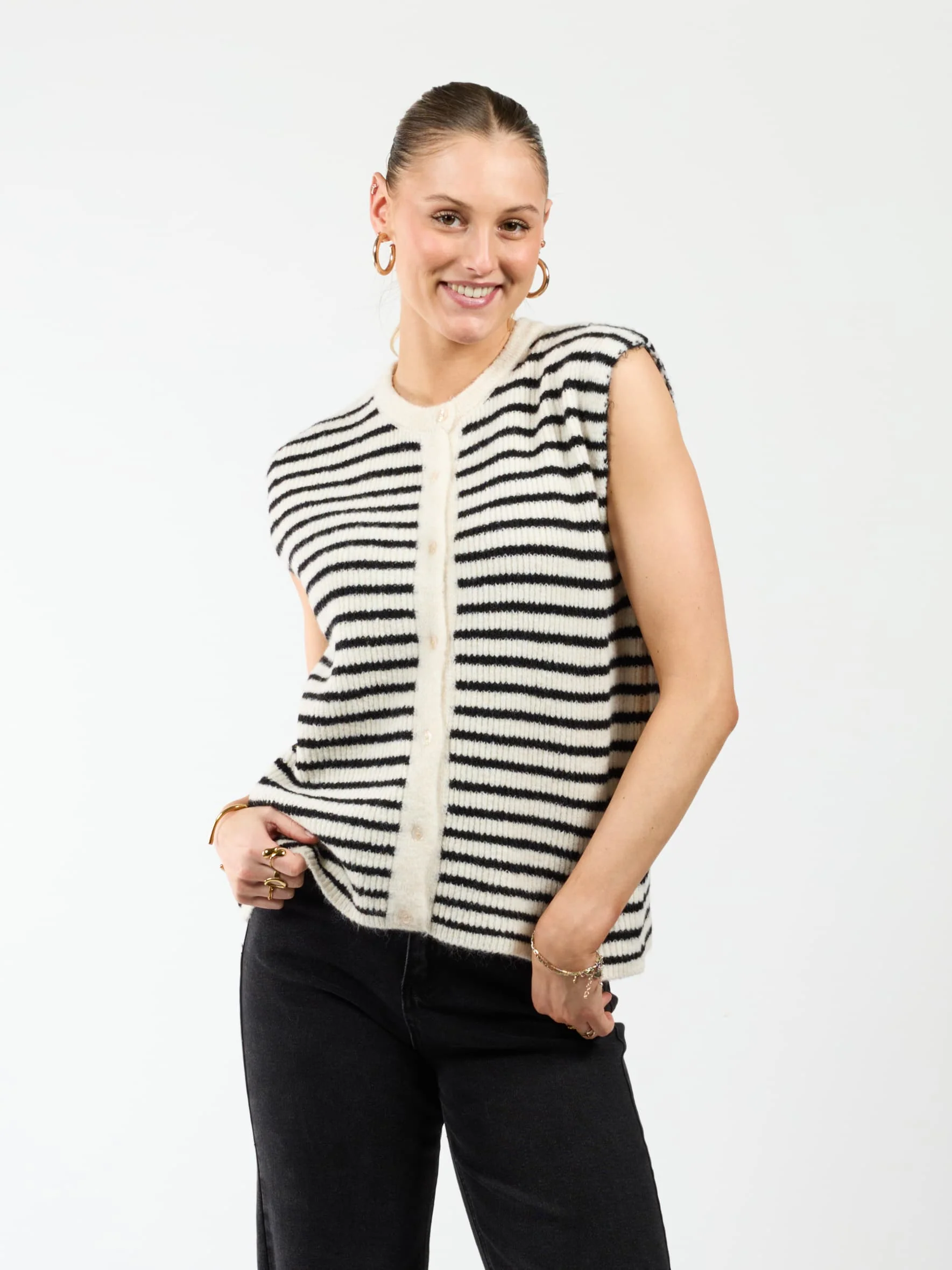 Lola Knitted Spencer met Knoopjes | Zwart wit gestreept | Tall