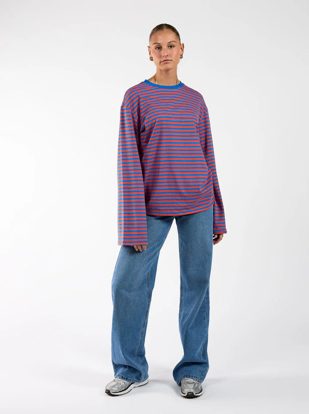 Nine Tee | Wijd uitlopende mouw | Gestreept blauw oranje | Tall - Image 5