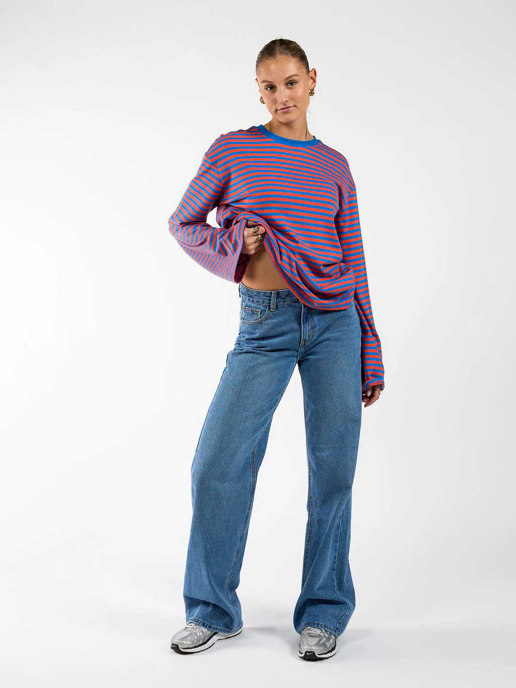 Nine Tee | Wijd uitlopende mouw | Gestreept blauw oranje | Tall - Image 9