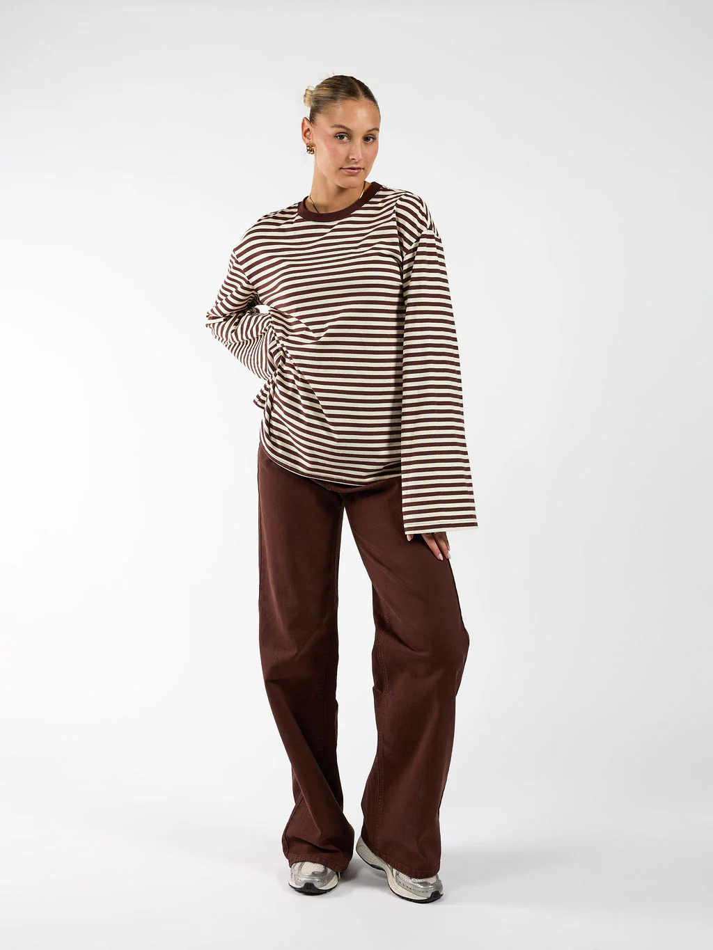 Nine Tee | Wijd uitlopende mouw | Gestreept cream bruin | Tall - Image 5
