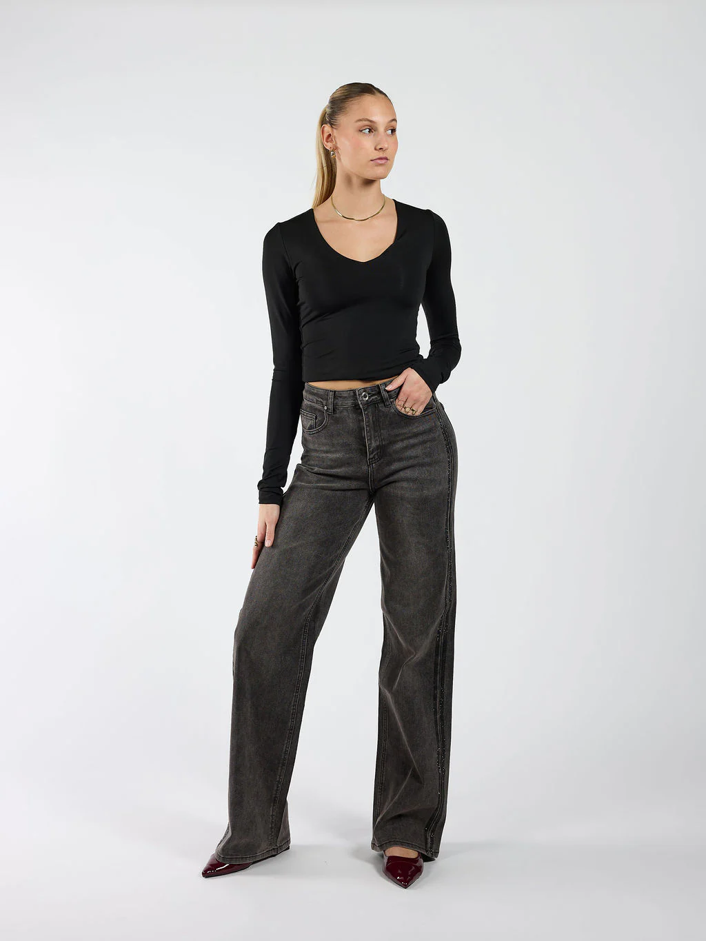 Sassy | Super Wide Leg Jeans | Diamond stripes | Stretch | Washed black | Tall - Image 3