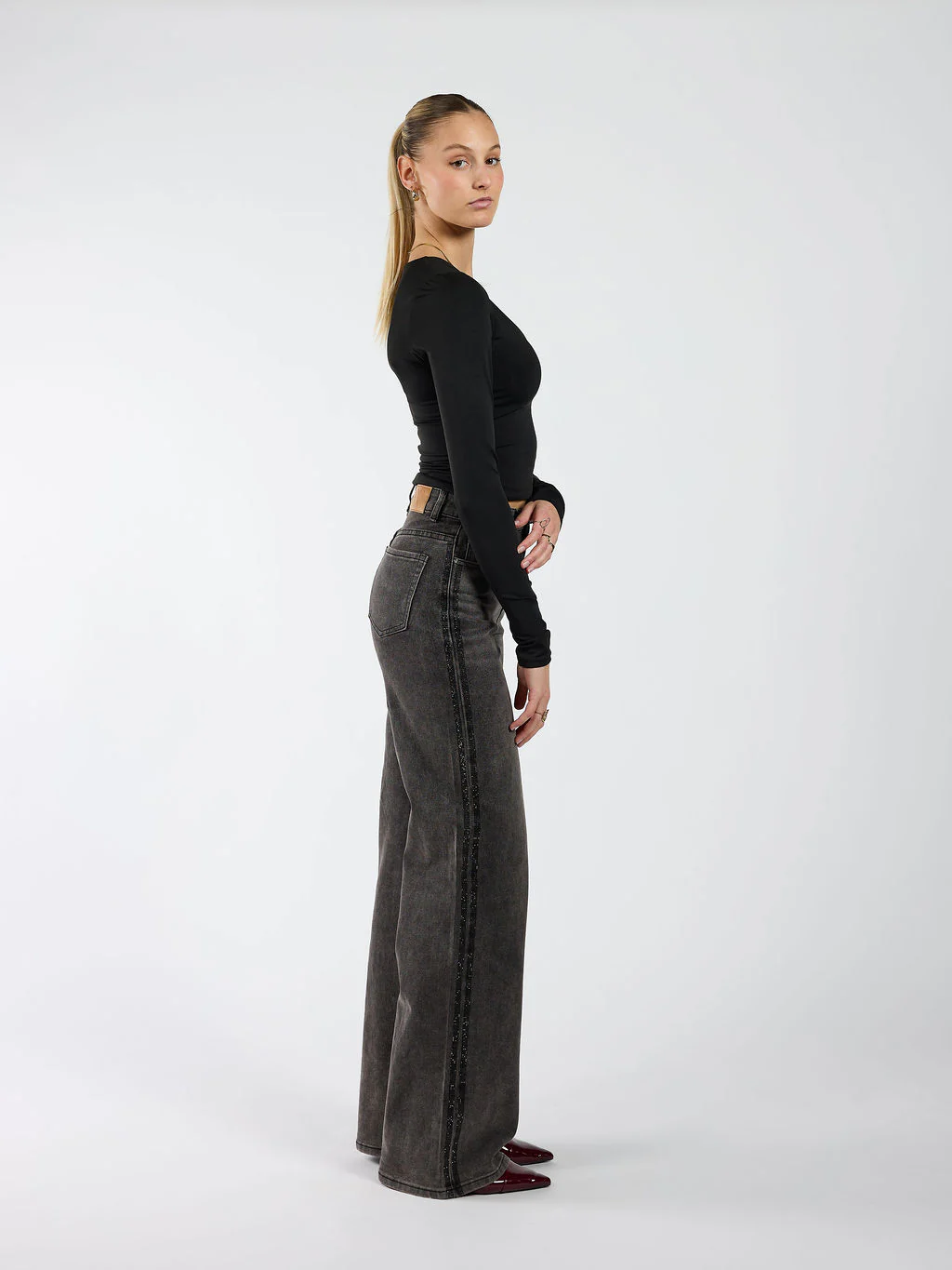 Sassy | Super Wide Leg Jeans | Diamond stripes | Stretch | Washed black | Tall - Image 4